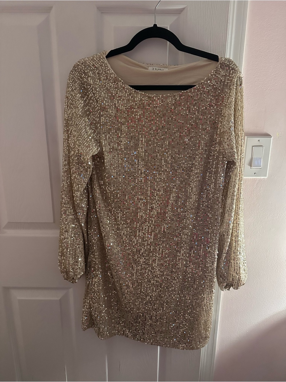 Z Supply Sequin Long Sleeve Shift Dress in Champagne Gold